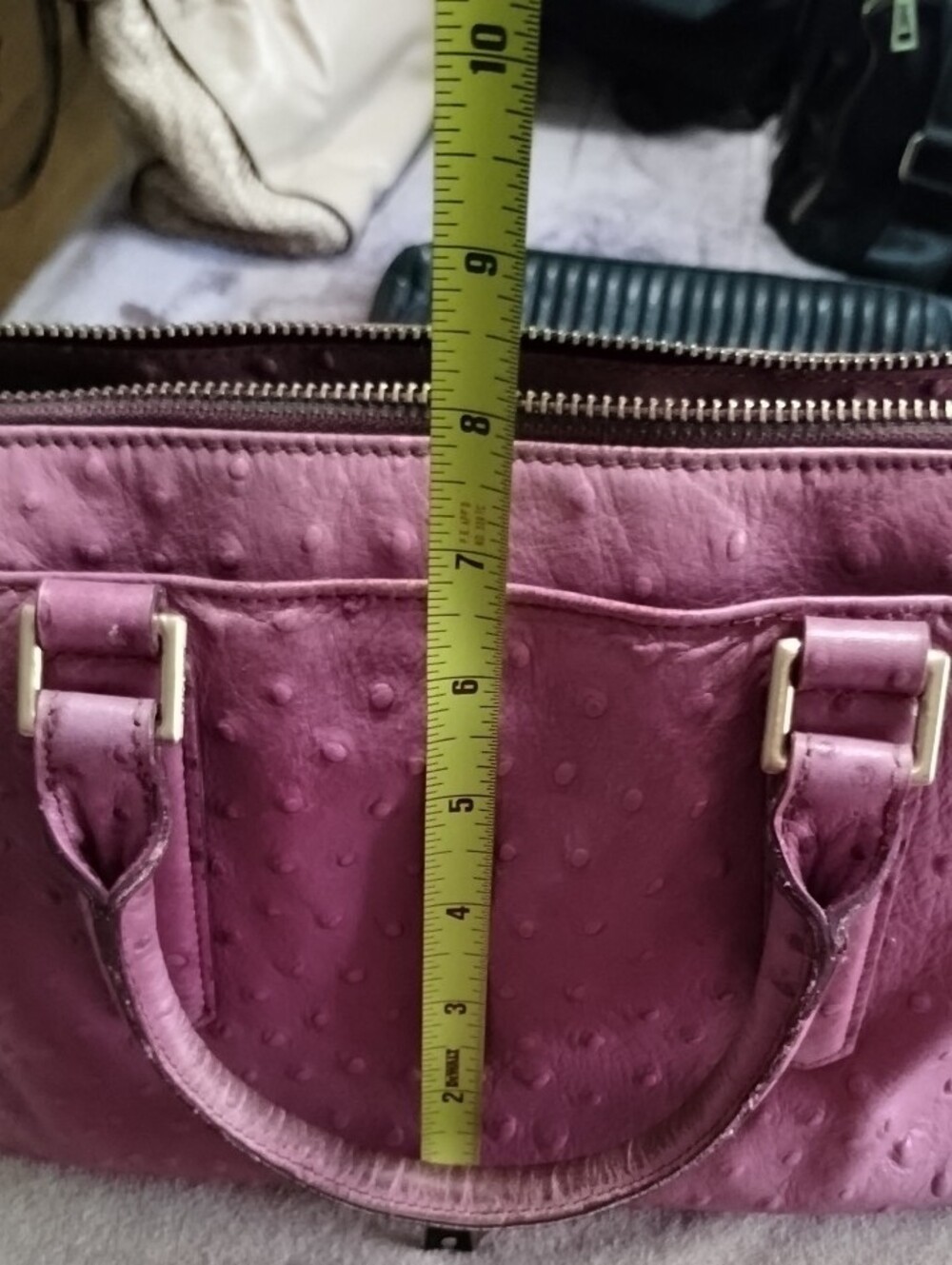 Brahmin Plum Ostrich-Embossed Leather Satchel with Detachable Strap - Picture 10 of 11